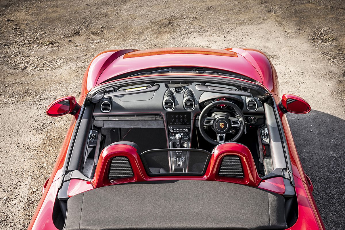 A birds eve view of a red convertible Porsche