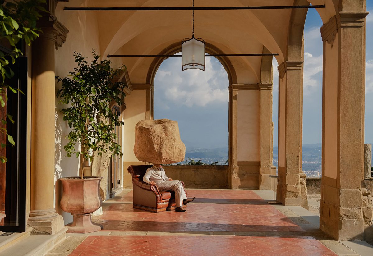 sculpture on balcony with view