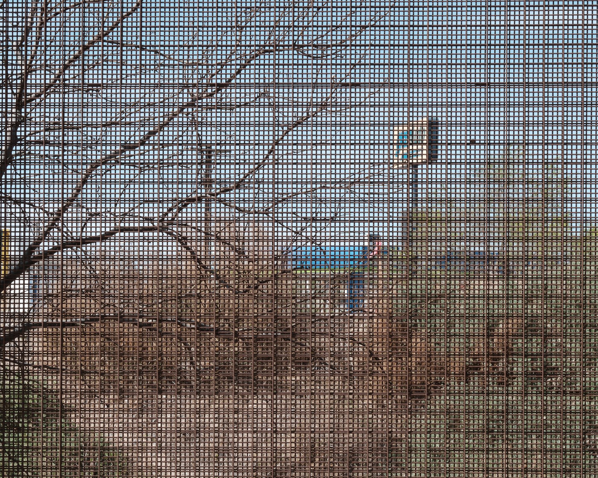 A tree, and sea, and a sign, as seen through a fence